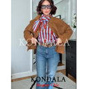 KONDALA Women Casual Trendy Striped Bow Shirt Single Breasted Shirt Fashion 2026 Spring Summer Holiday High Street Lady Shirt
