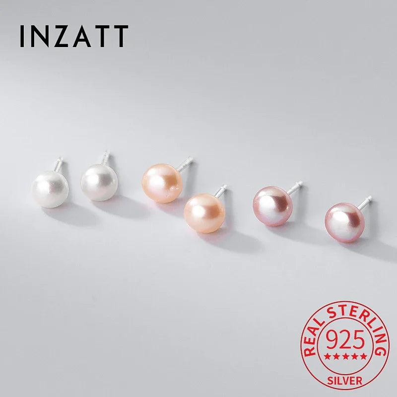 INZATT INS Hot Real 925 Sterling Silver 4/6/8MM Freshwater Pearl Stud Earrings For Women Fine Jewelry Minimalist Accessories