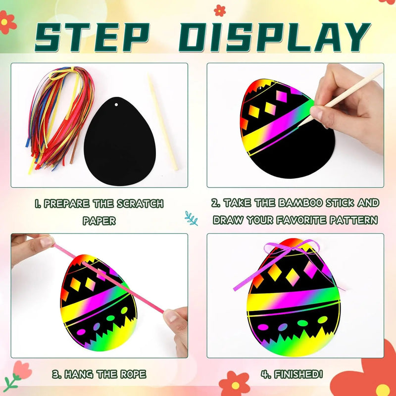 12pcs Easter Magic Scratch Paint Easter Eggs Crafts DIY for Making Holiday Gifts Egg Basket Fillers Party Decorations