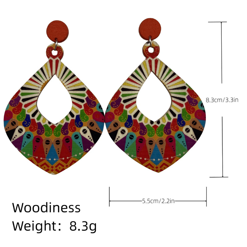 Hot Vintage Ethnic Style Earrings Bohemian Hollow out Wooden Earrings with Antique Pattern Colorful Earrings Gift