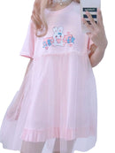 Summer Lolita Tulle Dresses 2022 Women Kawaii Bunny Cute Girl Anime Short Sleeve Pink White Casual T Shirt Dress Female Clothing