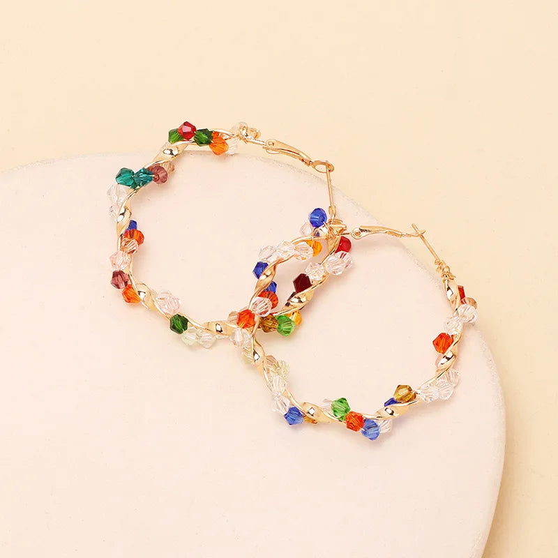 Random Colorful Crystal Hoop Earrings for Women New Fashion Big Round Circle Statement Earrings Wedding Party Bohemian  Jewelry