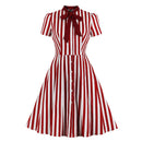 Tonval Fliege Hals Grün Gestreiftes Vintage Kleid Durchgeknöpft Elegante Kleider für Damen Baumwolle Retro Kleidung Taschen Sommerkleid