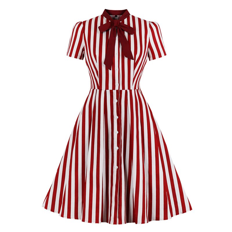 Tonval Bow Tie Neck Green Striped Vintage Robe Button Up Elegant Dresses for Women Cotton Retro Clothing Pocket Summer Dress