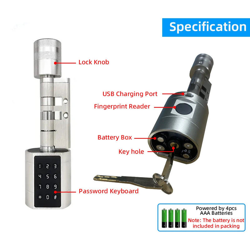 RAYKUBE L11 Tuya BEL Fingerprint Cylinder Electronic Door Lock With Adjustable Cylinder Length Password/Key/Tuya APP Unlok