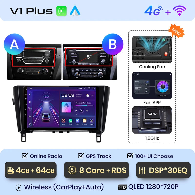 Junsun V1 AI Voice Wireless CarPlay Android Auto Radio for Nissan Qashqai J11 X-Trail 3 T32 2013-2017 4G Car Multimedia GPS 2din