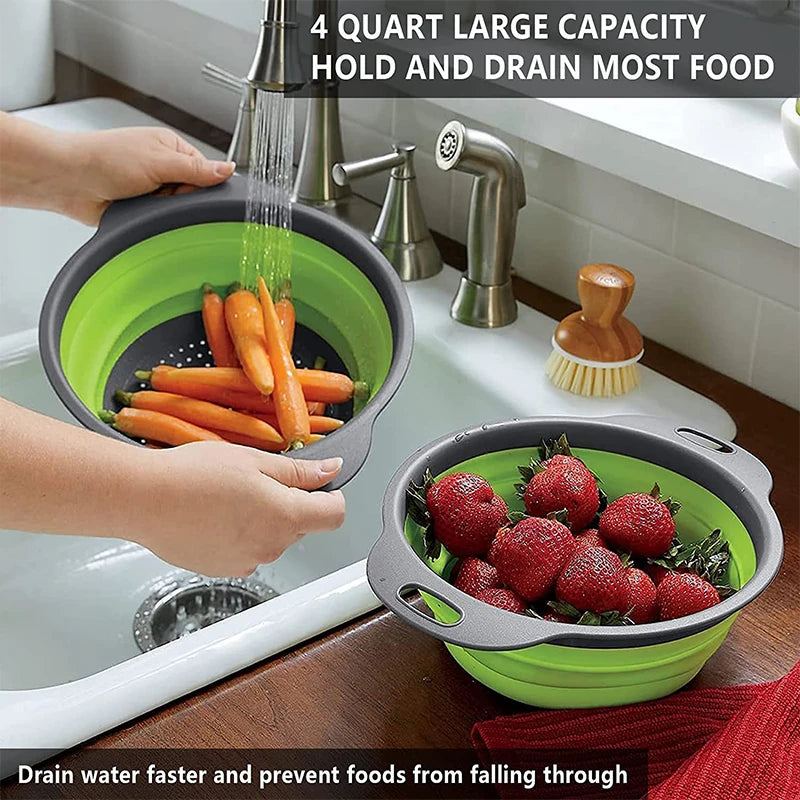 2 Pcs/Set Foldable Silicone Colander Fruit Vegetable Washing Basket Strainer With Handle Strainer Collapsible Drainer