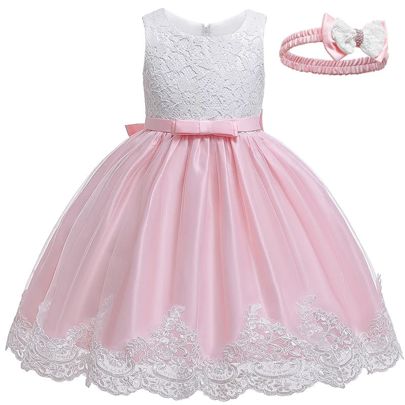 Flower Girl Dress For Wedding 3-12 Years Lace Tulle Bow Elegant Child's Birthday Party Dress