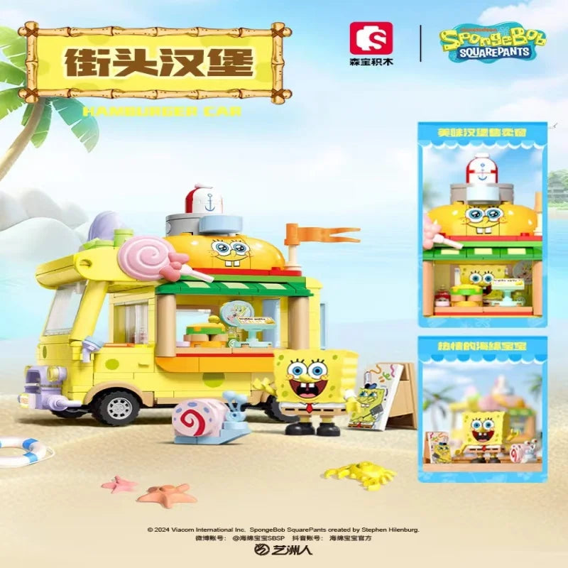 SpongeBob SquarePants Series Building Blocks Toys Hamburger Car Patrick Star Dessert Ice Cream Car Anime Model Blocks Kids Gifts