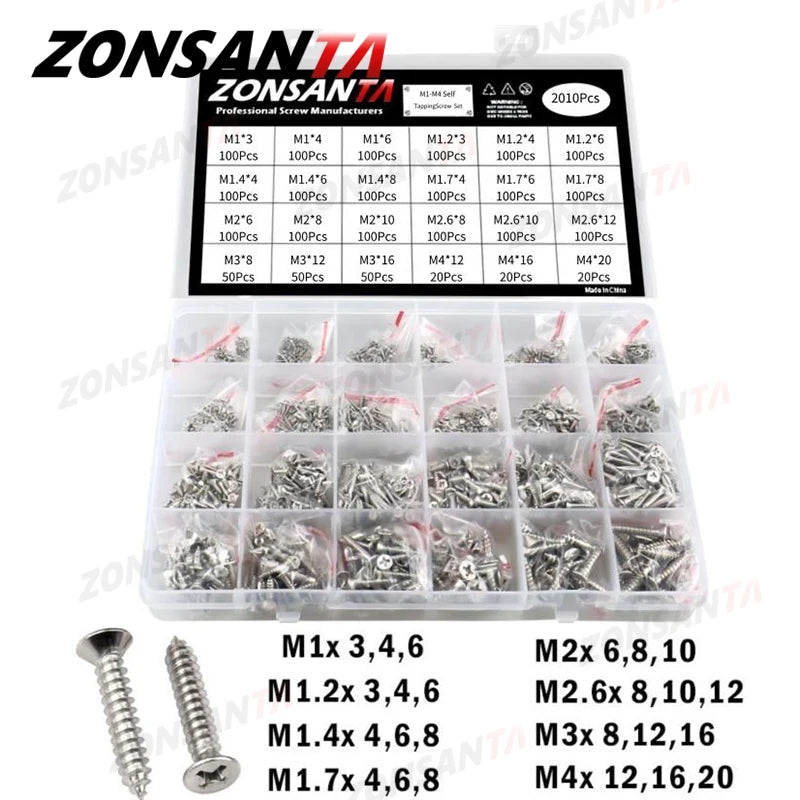 ZONSANTA M1-M4 Cross Flat Head Self Tapping Screw Assortment Kit Wood Thread Nail Screw Sets DIY Countersunk Head Small Screws