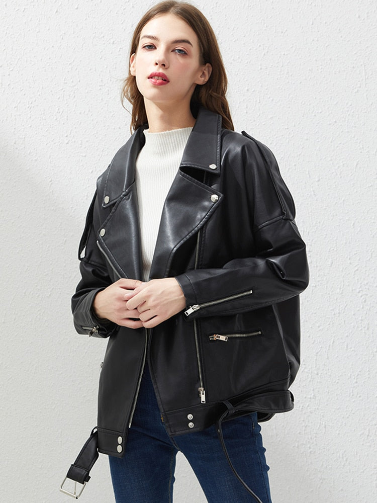 Fitaylor Autumn Women Faux Soft Leather Loose Jacket Coat Turndown Collar Zipper Pu Motorcycle Overcoat Female Rivet Punk Jacket