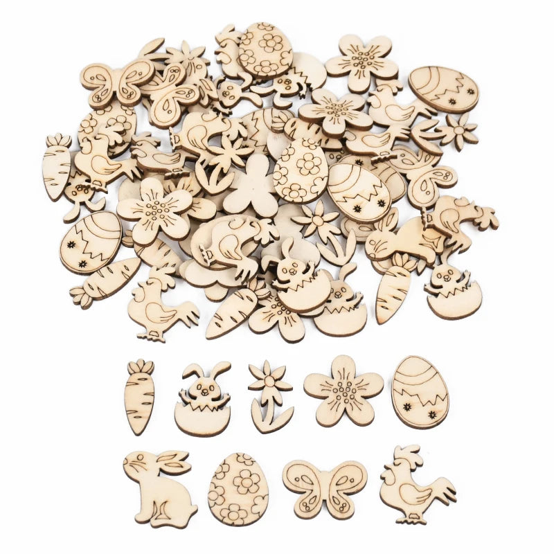 50/100pcs Easter Wooden Crafts Ornament Rabbit Eggs Kids Painting DIY Wood Slice 2025 Spring Easter Party Home Table Decoration