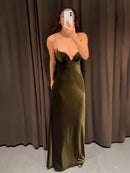 HH 2025 Women Red V-Neck Holiday Style Satin Texture Long Dress Sleeveless Summer Women's Back Zipper Fashion Sling Dresses