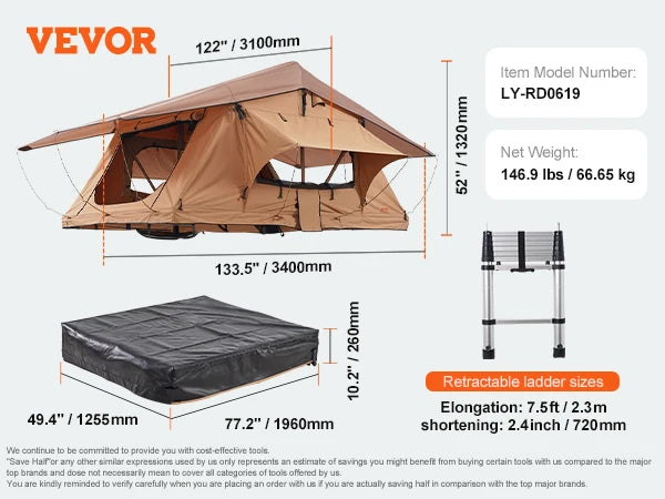 VEVOR Rooftop Tent Hardshell Folding Tent with Telescopic Ladder Mattress PVC Cover Bag Waterproof for Jeep SUV Van Pickup Truck