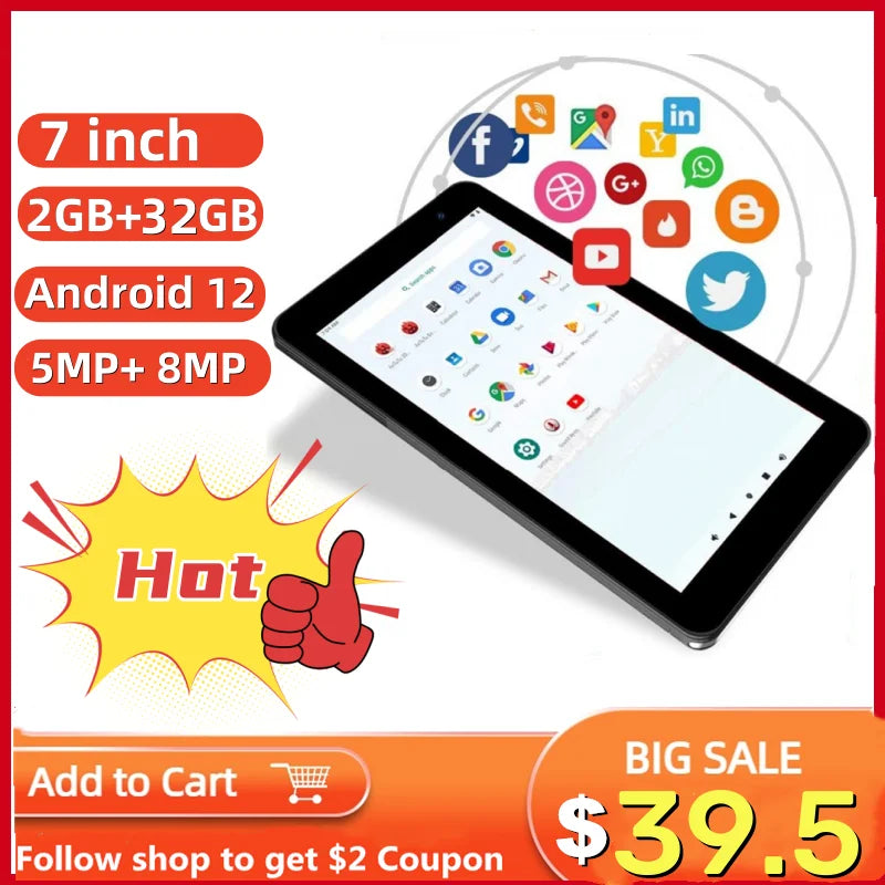 7 INCH 2GB RAM 32GB ROM Android 12 Tablet PC QP70 Quad-Core MTK8168  WIFI Front 5.0MP Rear 8.0MP 3000 mAh Li-ion Battery