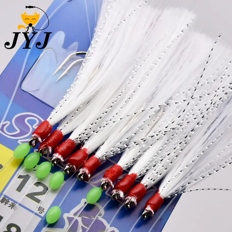 JYJ 10 hooks per bag Fishhooks String Hooks Sabiki Hook For Swivel Fishing sabiki Jig Head Luminous Beads