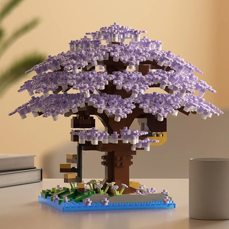 DIY Purple Romantic Cherry Blossom Flower Pink Tree House Train Assembly Building Blocks Classic Model Bricks Sets Kid