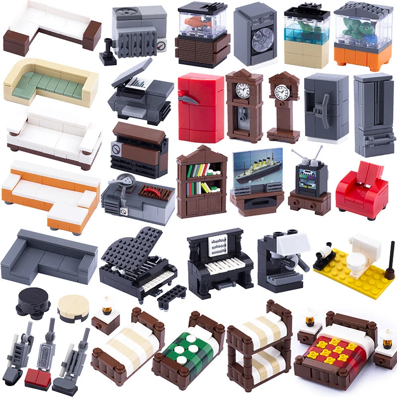 MOC City House Furniture Building Blocks Kit Toilet Fish Tank Bed Piano TV Sofa Couch Pendulum Clock Cooking Bench Bricks Toys