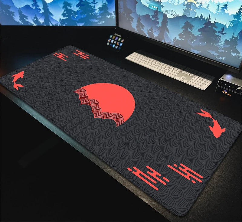 Japanese Desk Mat Black & Red Mouse Pad Koi Fish Sun Cloud Japan Art Seal Sunrise Large XXL Gaming Deskmat Rubber Mousepad 90x40