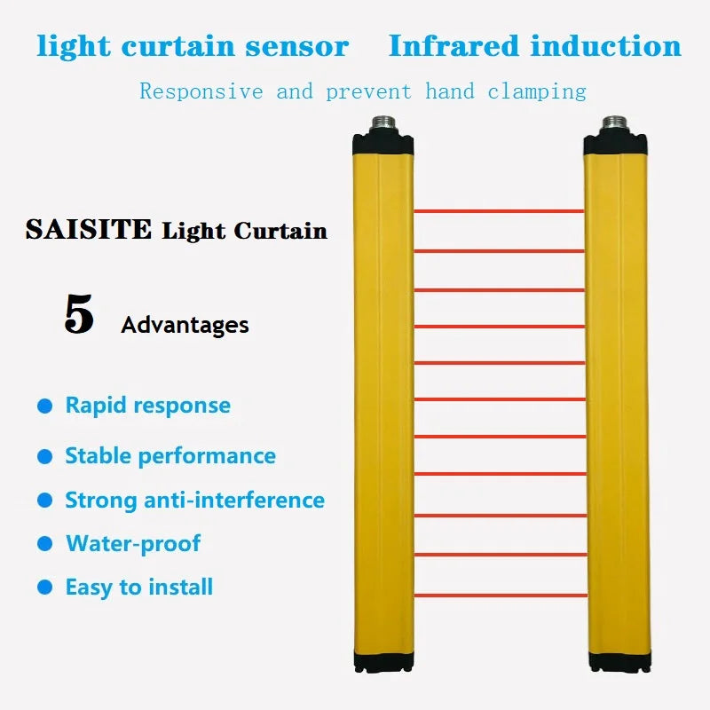 SAISITE Safety Light Curtain Sensor Switch 4/6/8/10/12/16 Beam Safety Grating Security Device 10mm/20mm/40mm Resolution DC12 24V