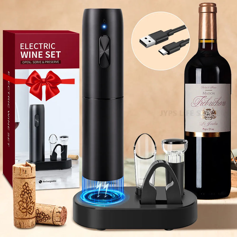 Electric Wine Opener Set with Charging Base Automatic Corkscrew with Aerator Pourer and Foil Cutter for Kitchen Bar Party Gifts