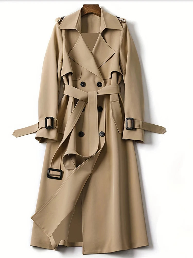 2023 Autumn And Winter New Solid Colour Double Row Of Buttons To Lengthen The Trench Coat Simple Style With Waist Lapel Coat