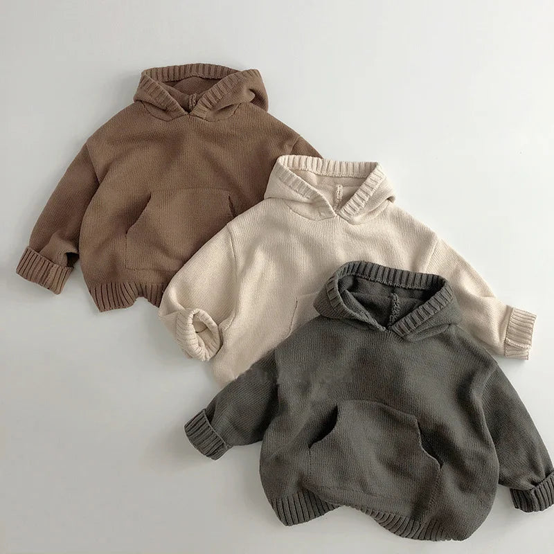 Front Pocket Fine Knit Children Boys Girl Sweaters Hoodie Knit Pullover Loose Style Girl Hooded Toddler Knitwear Coat