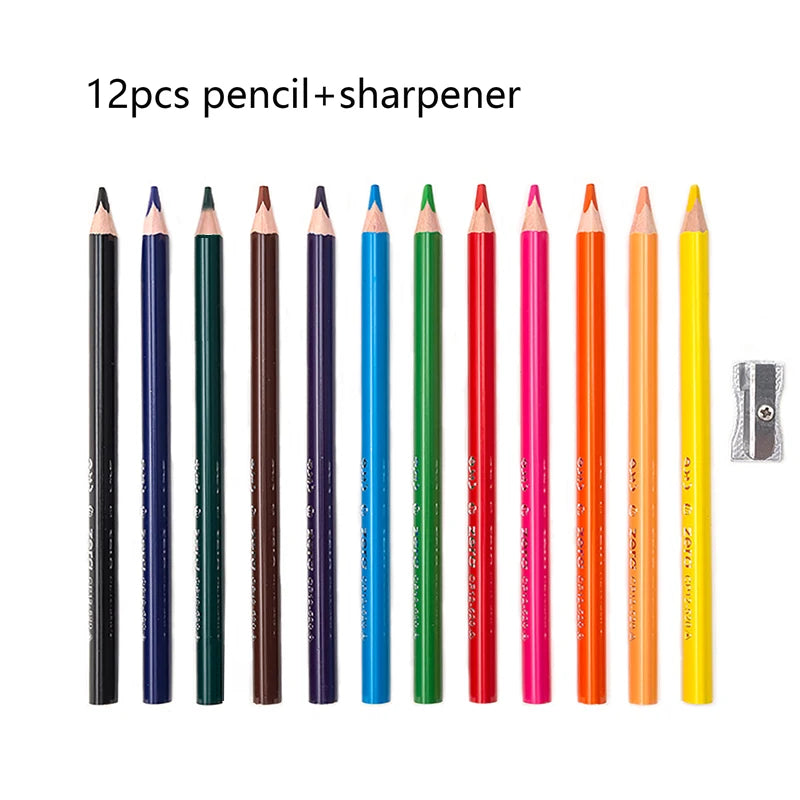 12pcs Triangle Colored Pencils Set with Thick Barrel (5mm Core) and Sharpenerfor Professional Drawing Sketching Pastel Art