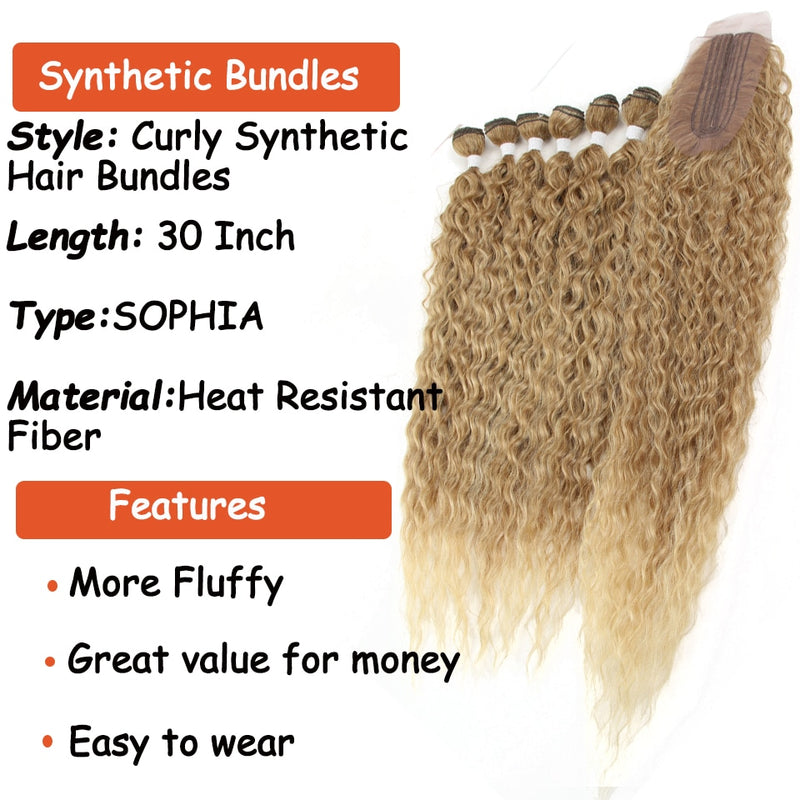 7 Pcs / Lot Curly Hair Bundles With Closure Synthetic Weave Hair Extensions 6 Bundles and Lace Closure 30 Inch Heat Resistant