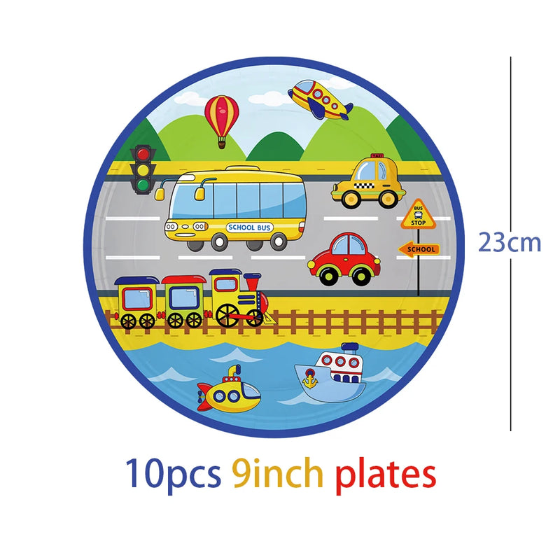Cartoon Transport Birthday Decorations For Boys Children Disposable Tableware Paper Material Cups Napkins Plates Tablecloth