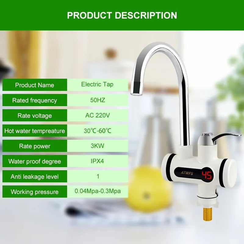 ATWFS Electric Kitchen Water Heater Tap Instant Hot Water Heater Cold Heating Faucet Tankless Instantaneous Water Heater