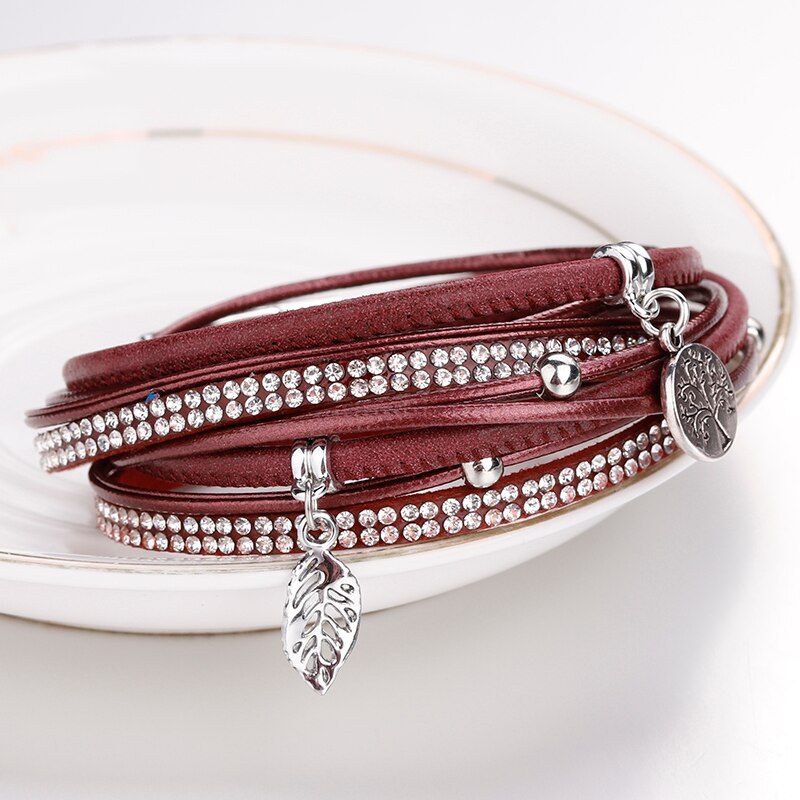 Amorcome Vinatge Tree of Life Charm Leather Bracelets for Women Boho Rhinestones Double Wrap Bracelets &amp; Bangles Female Jewelry