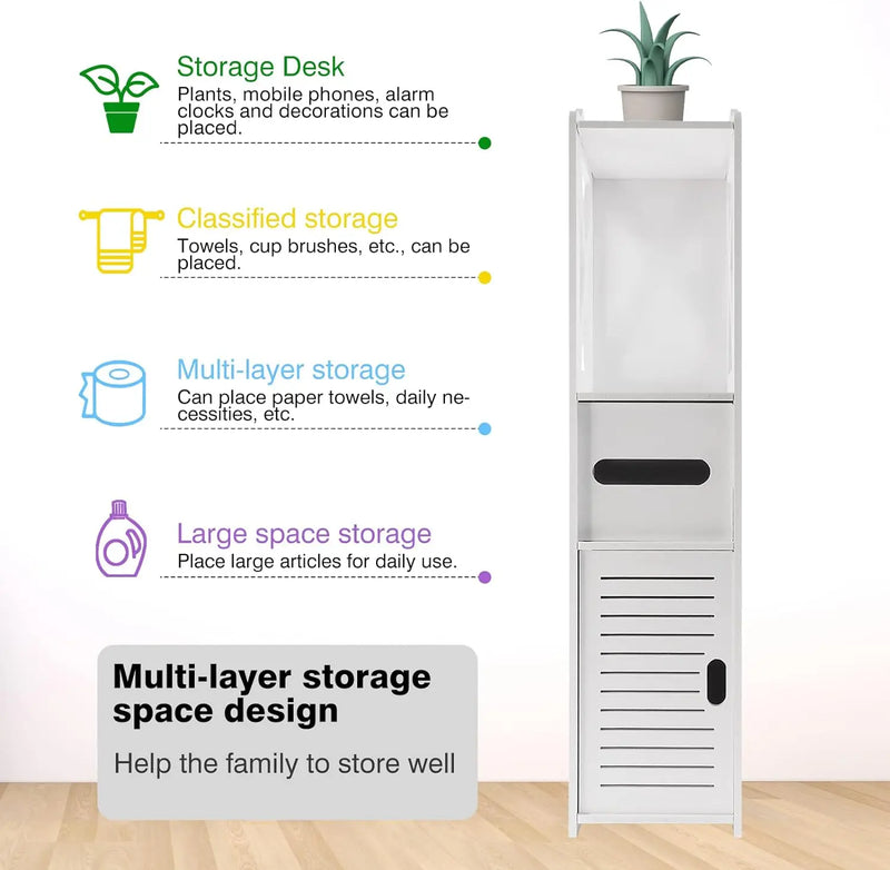 DayPlus Bathroom Waterproof Cabinet w/Paper Drawer,Tall Toilet Storage Cupboard,White Organizer Shelves,Free-standing Storage