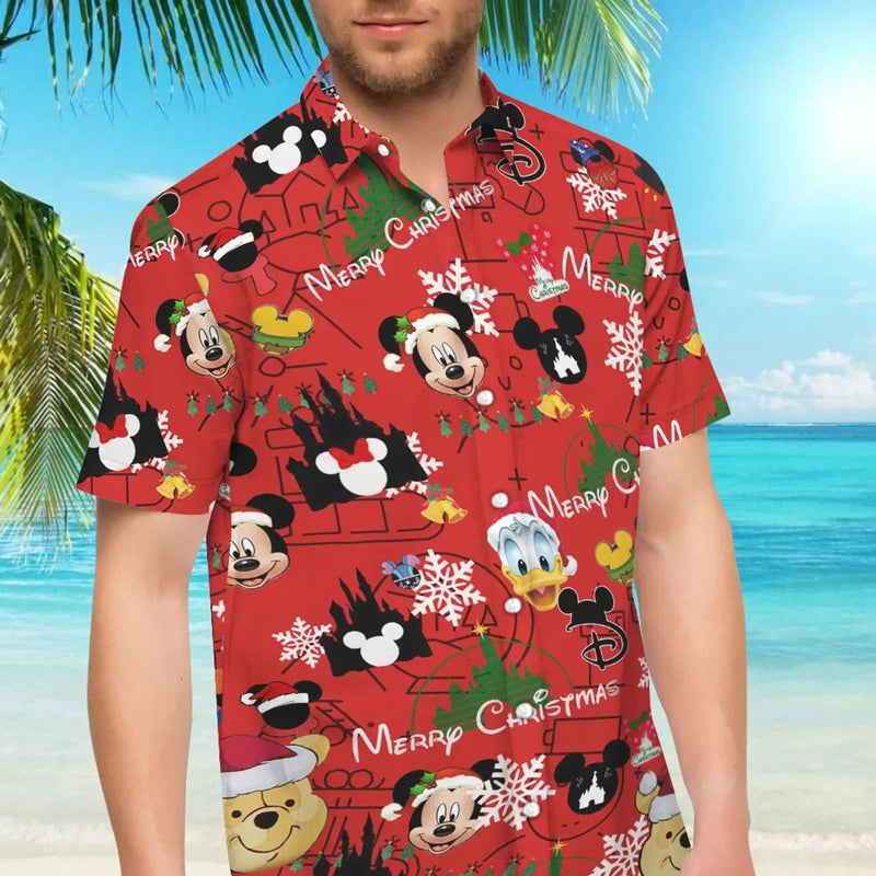 Mickey Mouse Christmas Hawaiian Shirts Men's Women's Casual Beach Shirt Disney Hawaiian Shirt Kids Short Sleeve Button Up Shirt