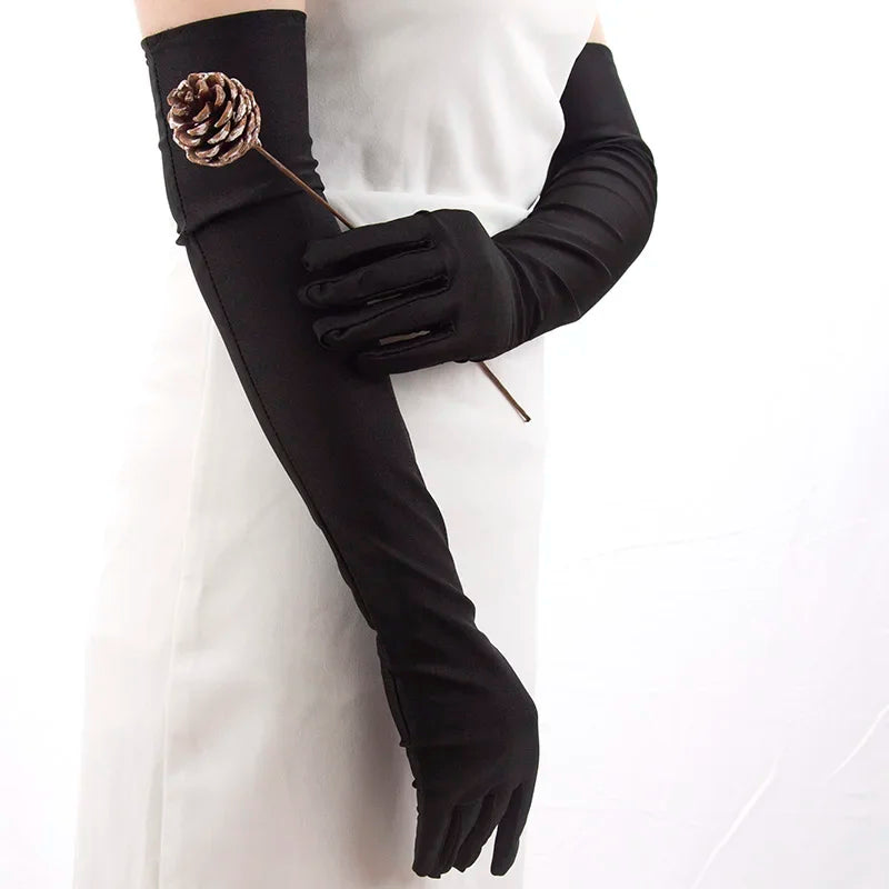 Classic Women Adult Black White Red Grey Opera/Elbow Stretch Satin Finger Long Gloves Women Flapper Gloves Matching Costume