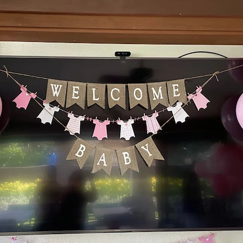 Gender Neutral Baby Shower Welcome Baby Burlap Banner Rustic Birthday Signs Boy Girl Party Boha Flags Decoration Favors for Kids