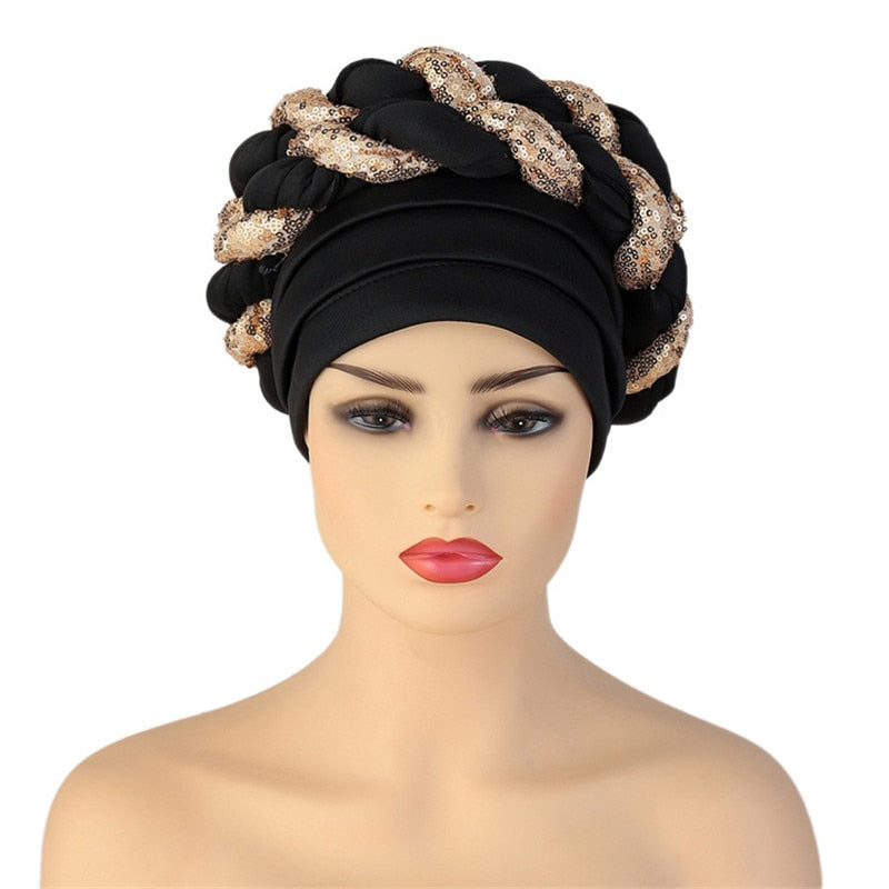Latest African Auto Geles Headtie Already Made Headties Shinning Sequins Turban Cap for Women Ready Female Head Wraps