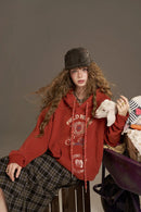 ELFSACK 2025 Autumn New Arrivals Retro Casual Large Area Print Long Drawstring Hooded Hoodie For Woman