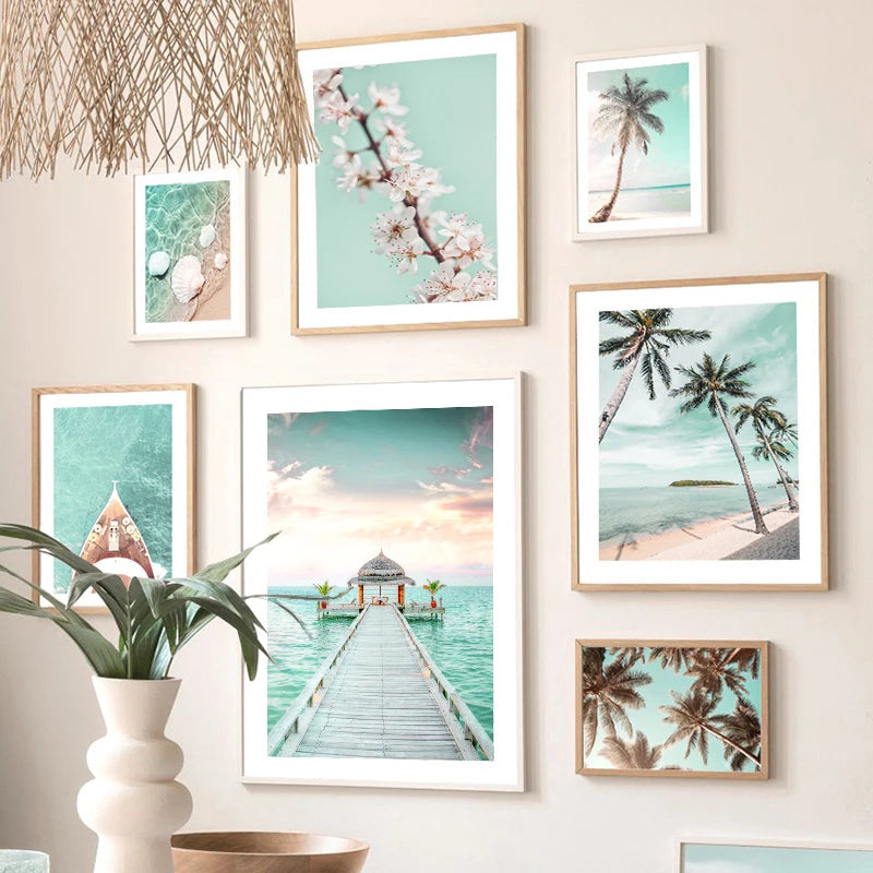 Turquoise Maldives Summer Sea Beach Coconut Tree Wall Posters and Prints Canvas Painting Landscape Picture for Living Room Decor