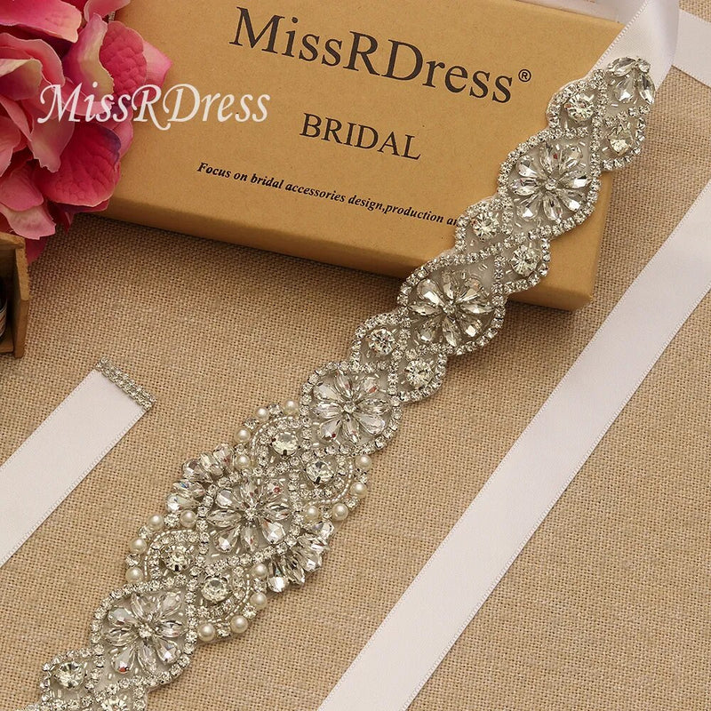 MissRDress Rhinestones Wedding Belt Handmade Pearls Bridal Belt Silver Crystal Flower Bridal Sash For Women Prom Dresses JK835