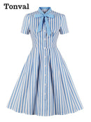 Tonval Fliege Hals Grün Gestreiftes Vintage Kleid Durchgeknöpft Elegante Kleider für Damen Baumwolle Retro Kleidung Taschen Sommerkleid