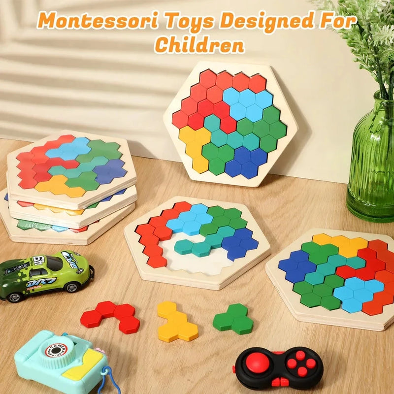 Hexagonal Wooden Puzzles Educational Toys For Children Kids Preschool Tangram Board Brain IQ Test Game Montessori Toys Gifts