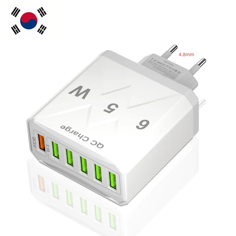 65W 6 Ports USB Charger Fast Charging Mobile Phone Charger Adapter For iPhone Samsung Xiaomi QC 3.0 EU/US/KR/UK Fast Charge Plug