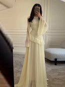 Fashion Flare Sleeve Ruff Long Dress Women Solid O-neck High Waist Slim Pleated Maxi Dresses 2025 Lady Summer Chic Party Robes