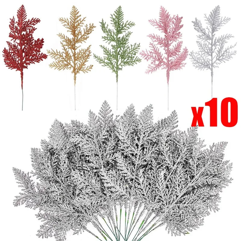 10/5Pcs Artificial Plants Pine Branches Christmas Glitter Gold Leaves Xmas Tree Decoration Pendant Christmas Home Decoration