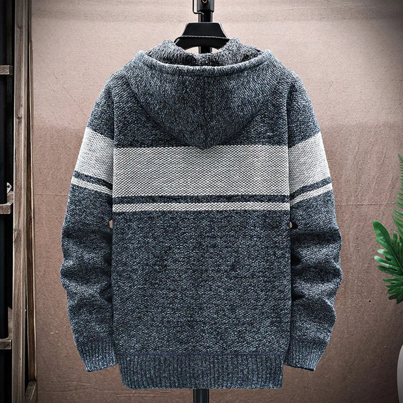 2023 Autumn Korean Hooded Men's Sweater with Thick and Velvet Men Cardigan Knitted Sweater Coat Stripe Jacket Male M-4XL MY03