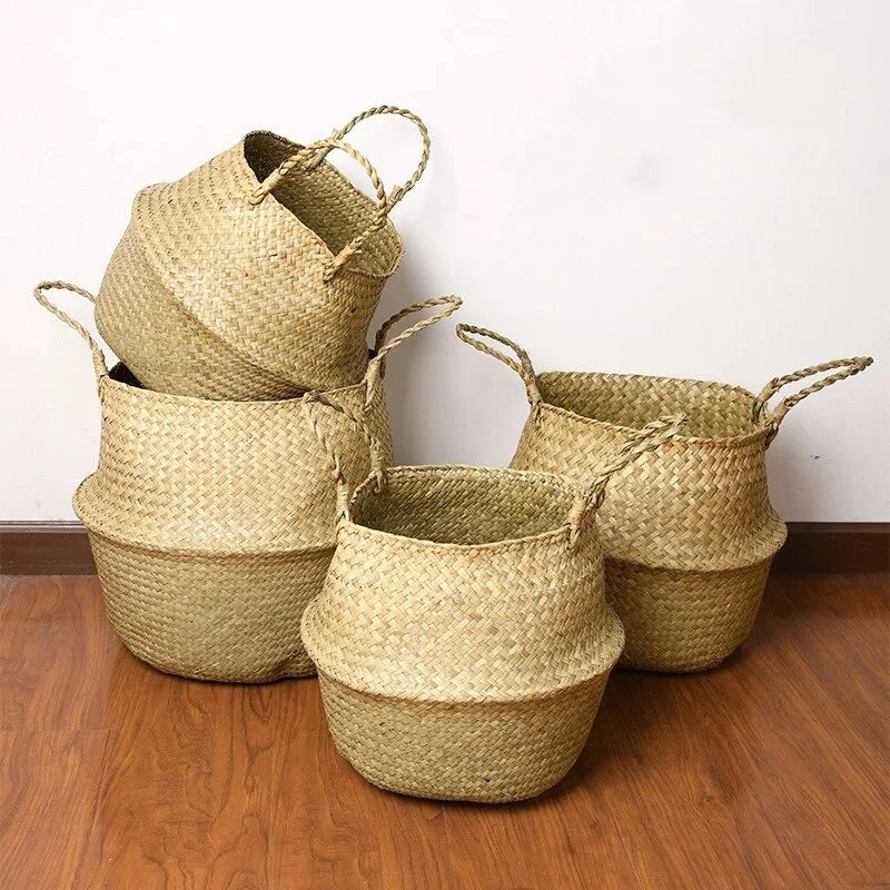 1Pc Nordic Style Seaweed Wicker Home Storage Perfect For Dirty Clothes Plants And Sundries Hanging Decor Basket