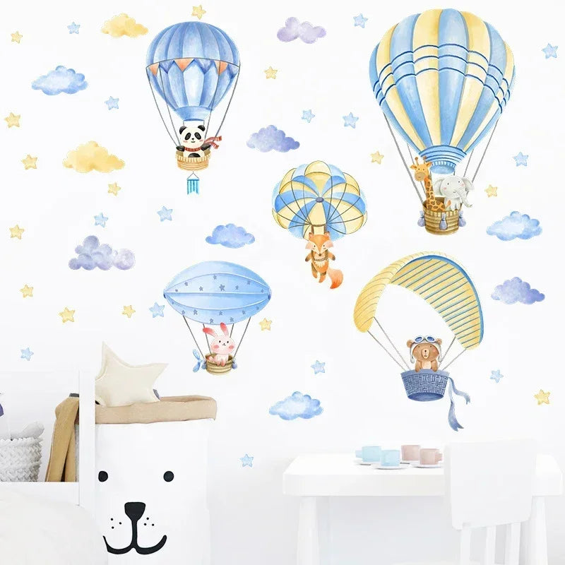 Blue Watercolor Animals Hot Air Balloon Wall Stickers for Kids Room Baby Nursery Room Wall Decor Wall Decals Boy Room Stickers