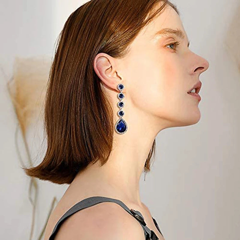 Huitan Long Hangings Earrings with Blue Cubic Zirconia Luxury Trendy Ear Accessories for Women Wedding Party Temperament Jewelry