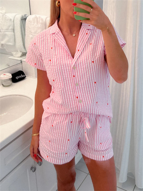 Damen 2-teilige Freizeit-Loungewear-Sets, süßer Liebes-Streifen-Print, Kurzarmshirt + Kordelzug-Schnürshorts, Sets für zu Hause